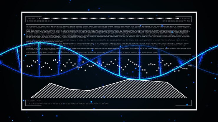 Animation of dna helix over display screen with computer language, graphs and numbers