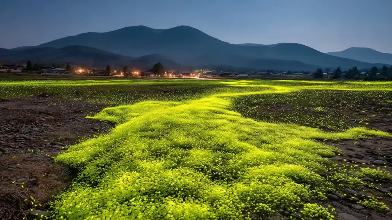 A Mesmerizing Nightscape of Luminescent Flora Illuminating a Serene Landscape, with Rolling Hills Basking Under the Starlit Sky Reflecting the Beauty of Nature