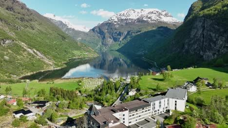 aerial view of beautiful geiranger, norway, famous hotel union and fjord