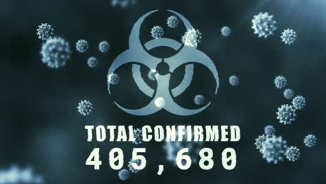 biohazard symbol with increasing cases over multiple covid-19 cells against blue background