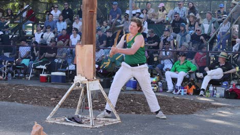 competitor chops wood at a public lumberjack contest