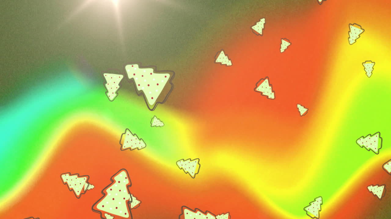 크리스마스 트리는 다채로운 추상적인 배경 위에 애니메이션을 형성합니다.