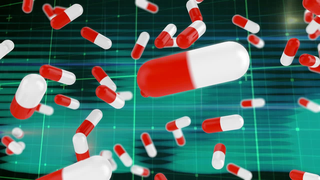 Red and white capsules falling over medical data animation on green background
