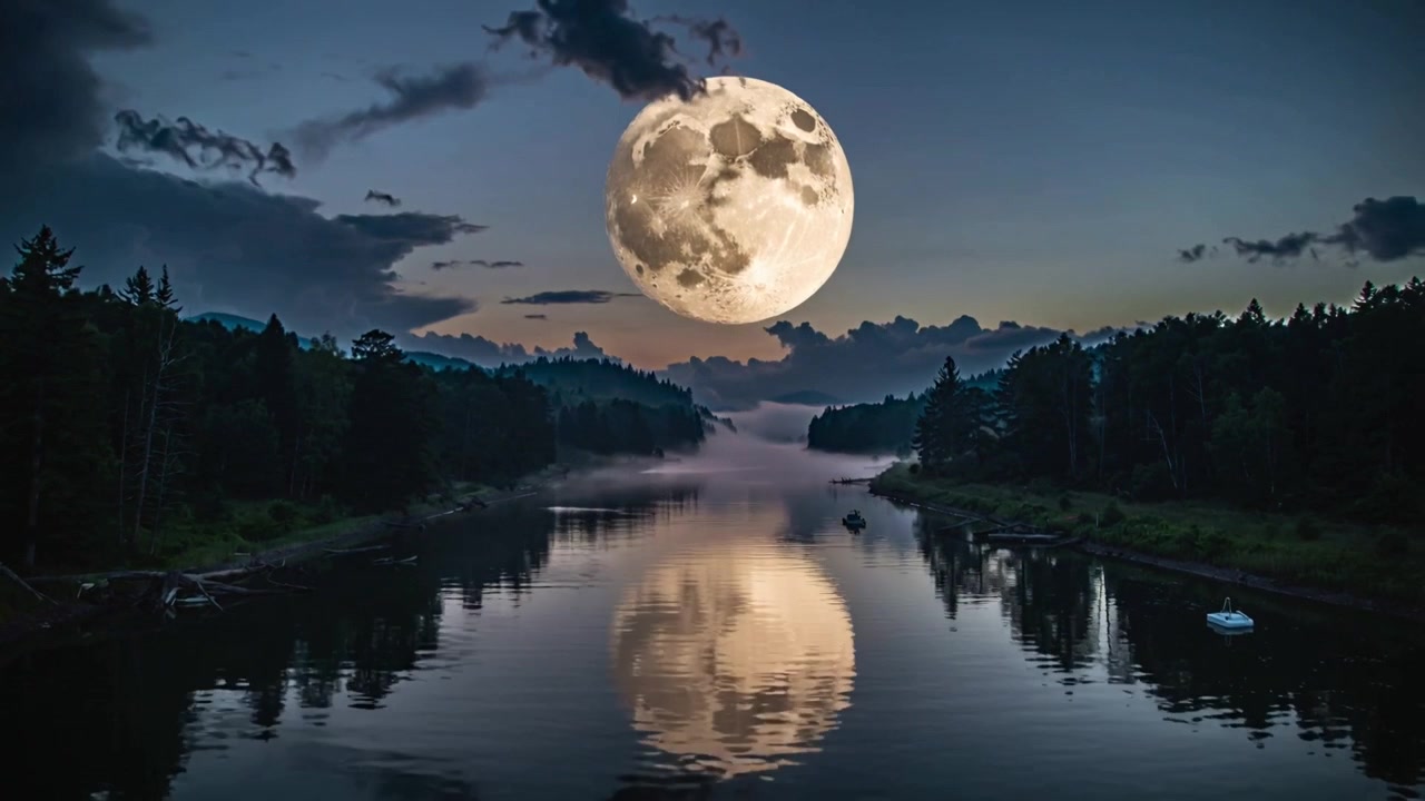 Luna piena che sorge illumina un fiume alberato al crepuscolo, riflettendosi sulle acque calme e nebbiose, con una piccola barca.