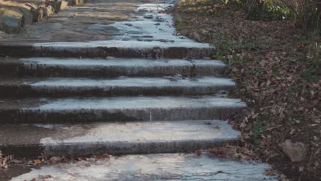 ice forming on stairs outside in the winter below freezing