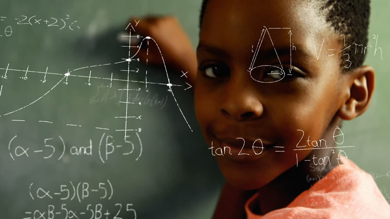 Animation of mathematical equations over african american boy writing on chalkboard at school