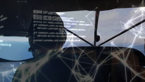 pilot in cockpit with network connections and data processing animation over scene