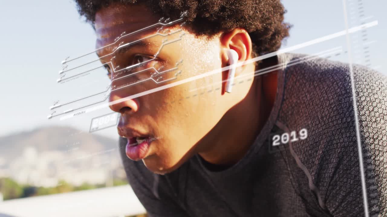 Animation of data processing over african american man resting