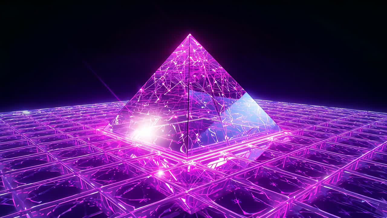 Pulsing transparent pyramid reacting to rising neon beams on mirrored grid, intensifying filaments