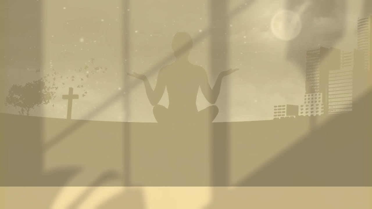 Meditating outdoors, person in silhouette with cityscape and cross in background