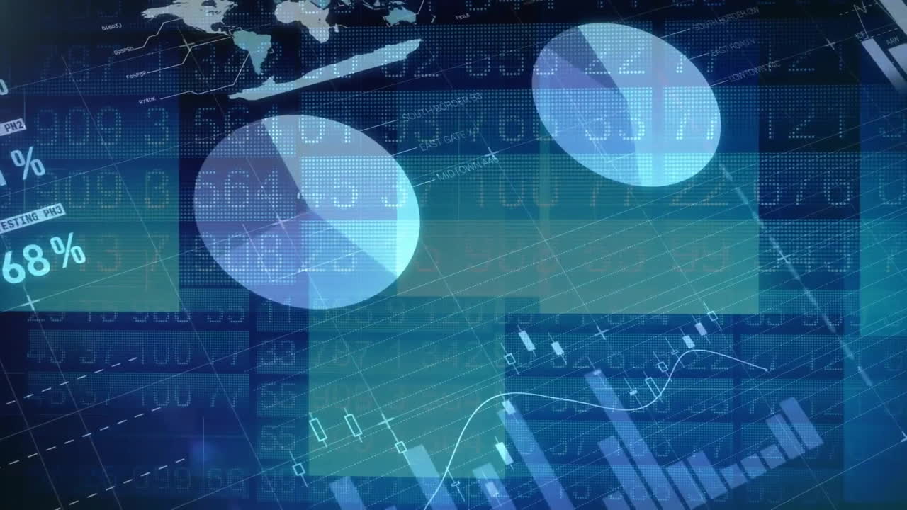 Animation of financial data processing over dark background