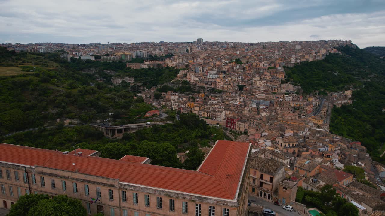 Ragusa Ibla, drone reveals old churches, piazzas, and historical Baroque architecture. Sicily, Italy