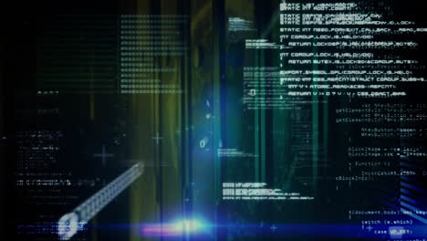 computer code and data processing animation over digital interface background