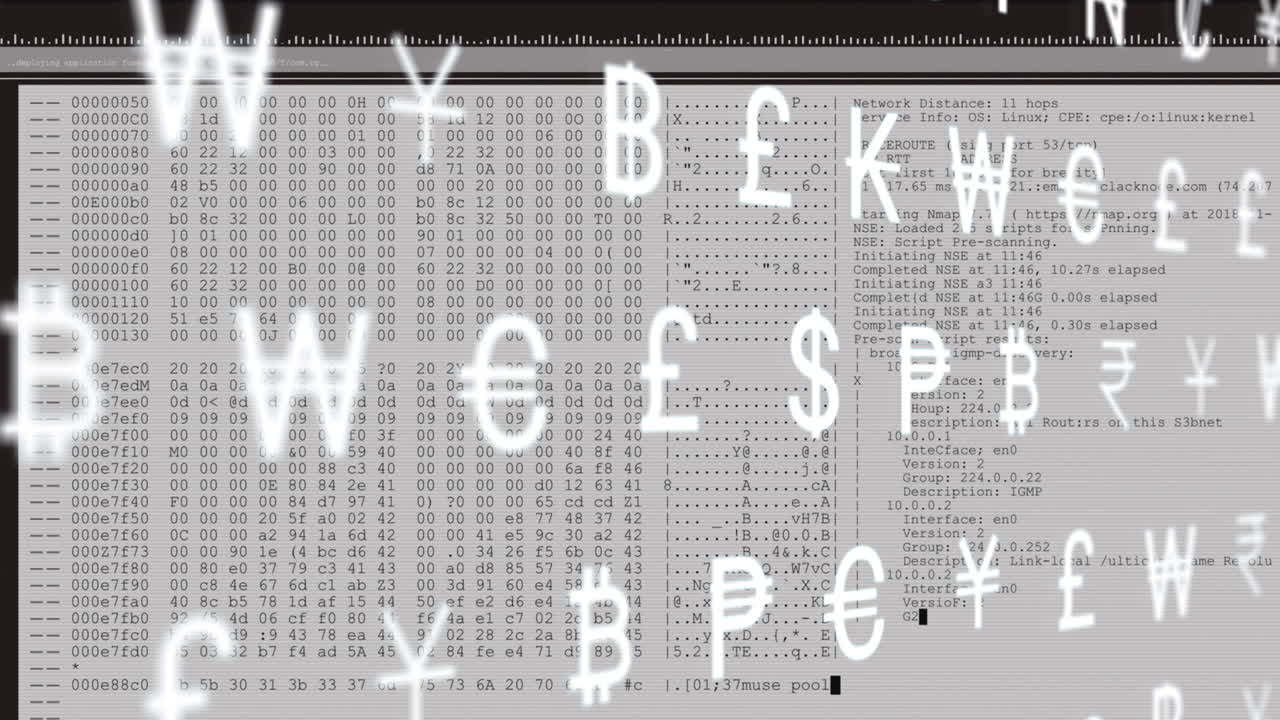 animación de la interfaz con múltiples símbolos de moneda y procesamiento de datos contra un fondo blanco