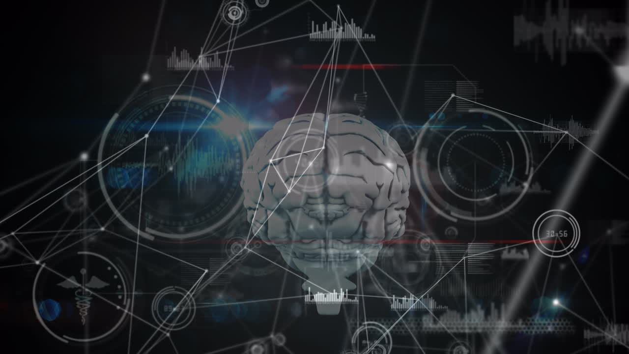 Animation of network of connections over data processing on black background
