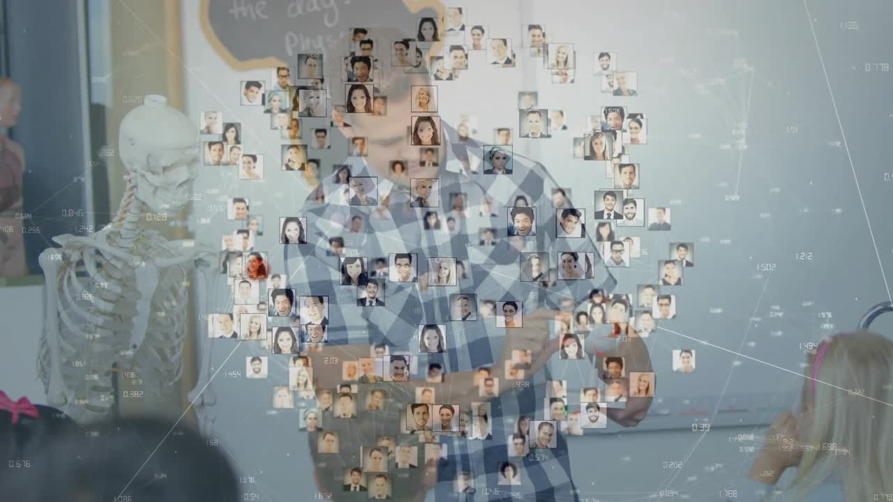 Teacher causing 3D sphere forming around chest while guiding network connections in science class