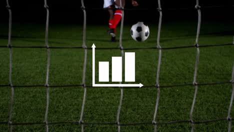 soccer player in red socks kicking ball with graph animation overlay