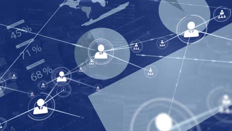 animation of connected icons over infographic interface against blue background