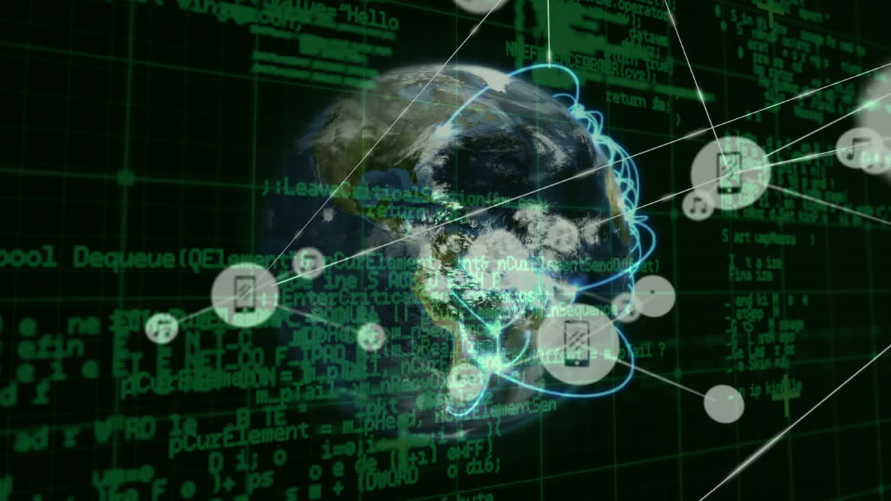 Animation of network of connections with icons over globe and data processing on black background