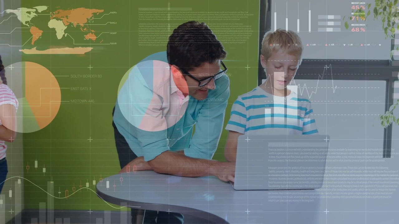 Teacher and Students Using Laptop with Digital Data Overlays