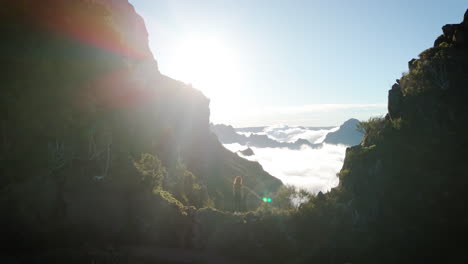 young woman watches over mountain landscape, standing on mountain ridge, powerful independent concept