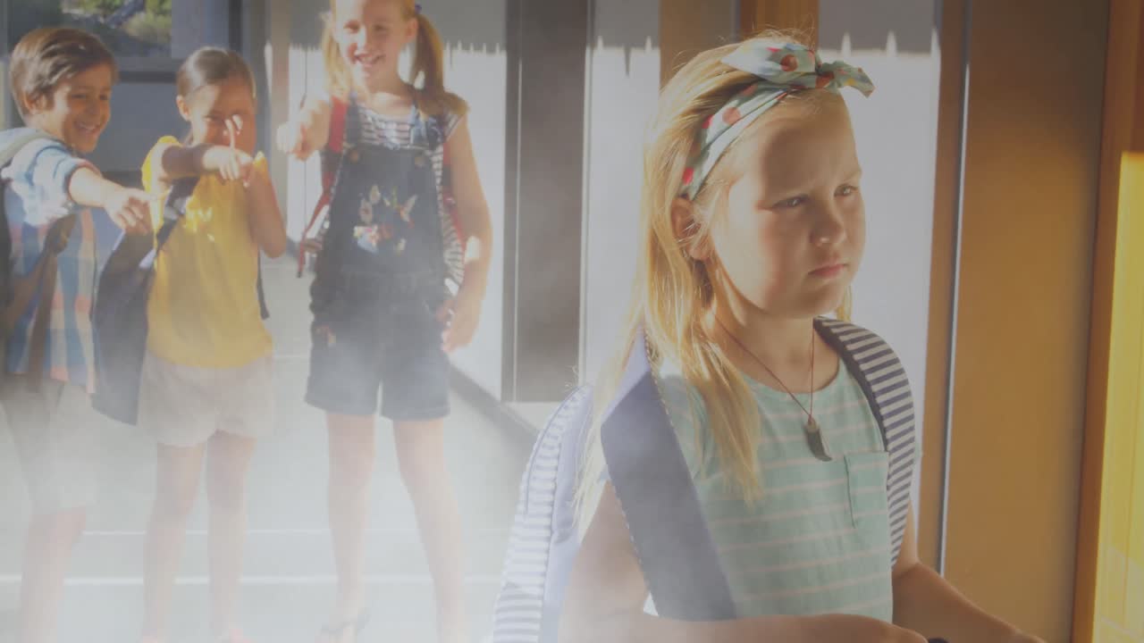 다양한 학교 아이들을 향한 연기의 애니메이션