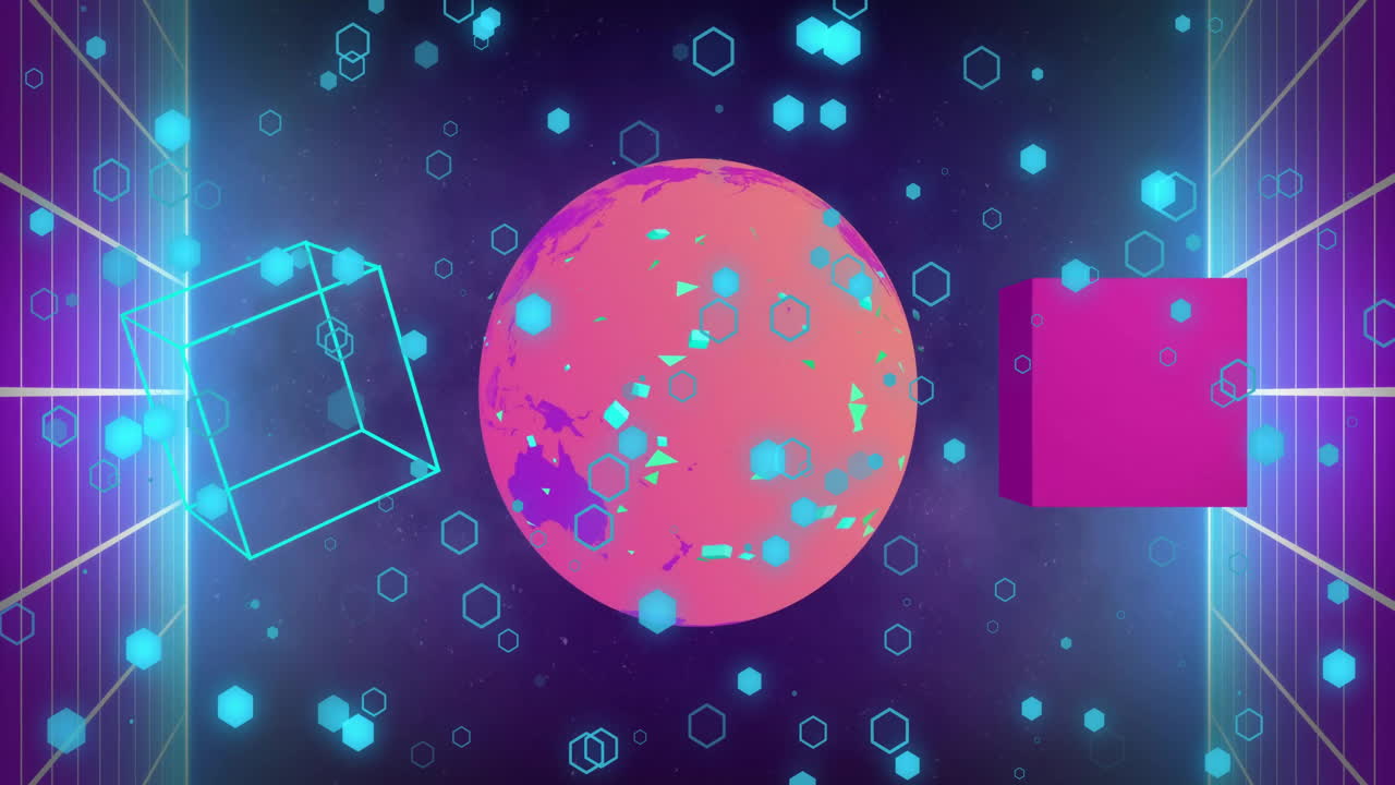 animación de globos y formas que se mueven sobre un fondo negro