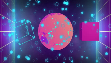 Animation of globe and shapes moving on black background