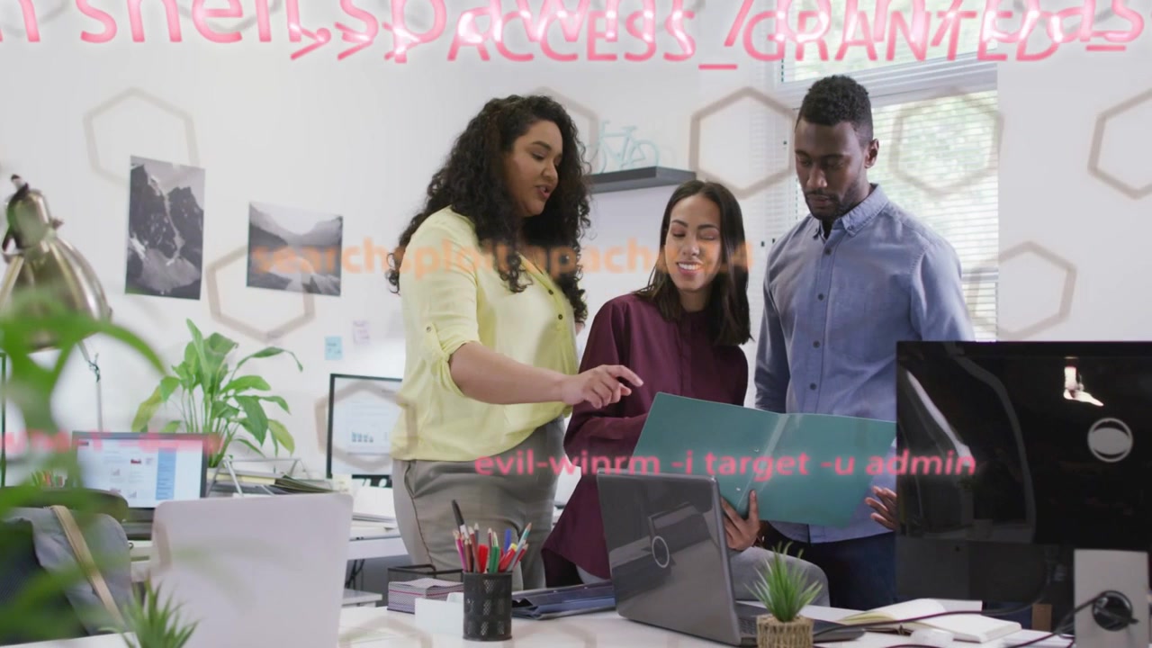Team reviewing teal folder at desk, laptop showing ACCESS_GRANTED, red code guiding security audit