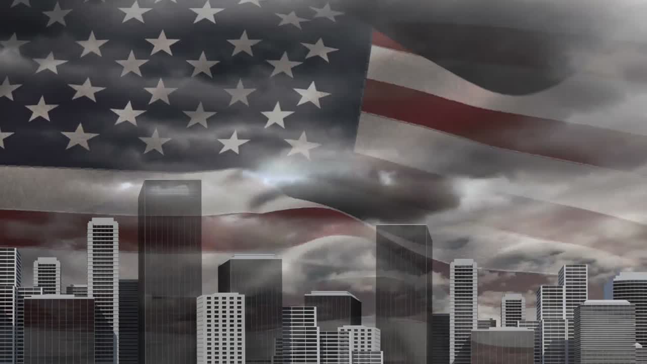 Animazione digitale della bandiera americana che sventola dietro lo skyline della città 4K