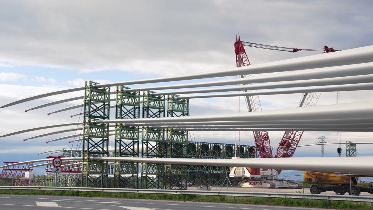 Massive Wind Turbine Blades Stored at a Renewable Energy Construction Site