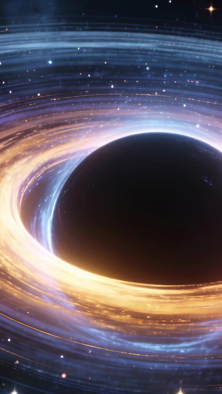 Video verticale: Buco nero che attira per gravità plasma in orbita nello spazio, con un disco luminoso.