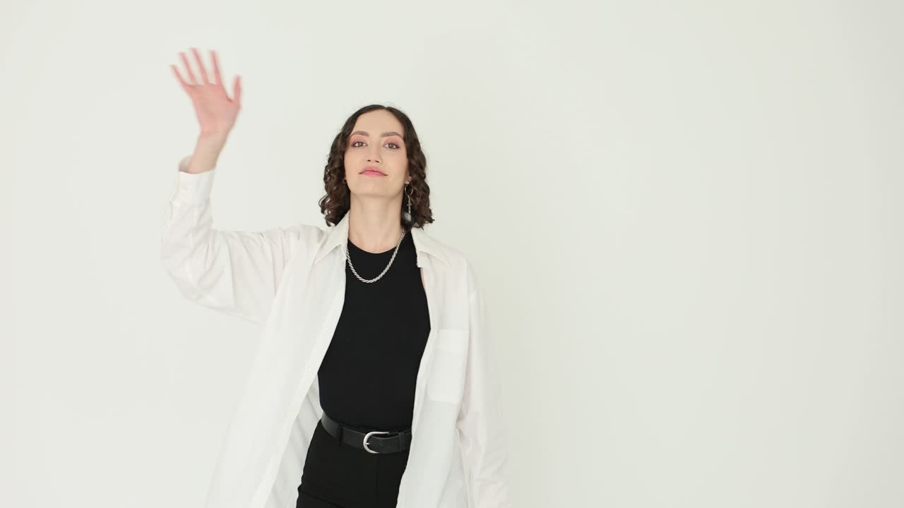 Woman Waving on White Background