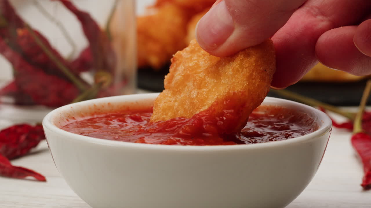 Hand Dipping a Chicken Nugget in Sauce