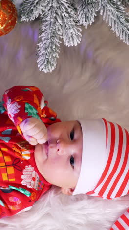 lovely child in red clothes and elf hat lies on soft plaid under christmas tree. cute little boy tosses his fists and feet. top view. vertical video