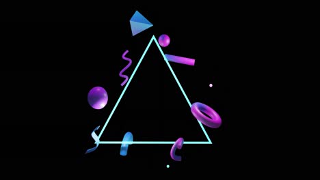 Animation-of-abstract-3d-shapes-over-triangle-and-black-background