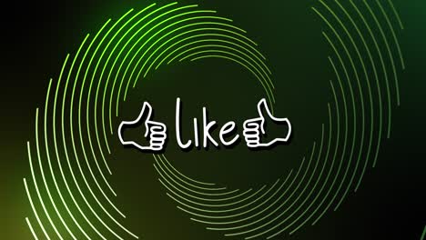 Animation-of-like-icon-and-text-banner-over-light-trails-spinning-against-green-background