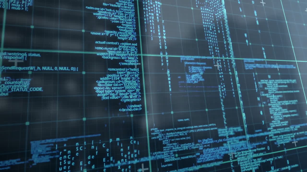 Displaying digital code and data structures, animation on futuristic blue screen