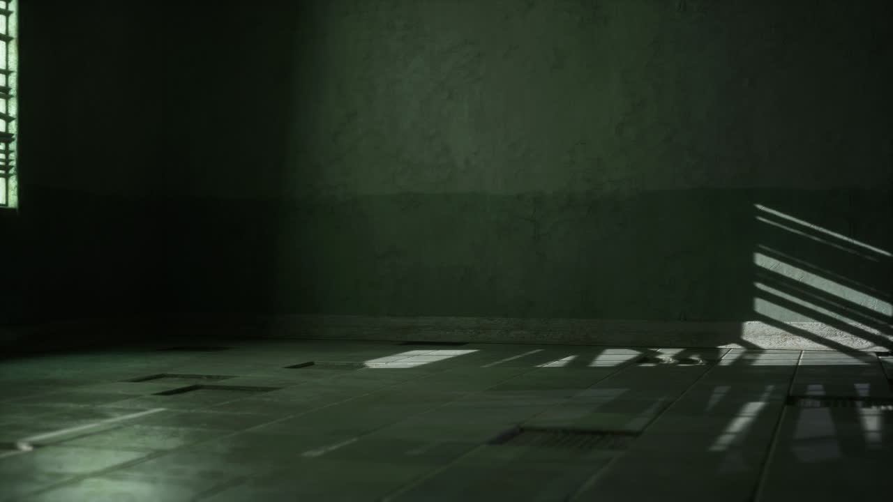 A dark room with a window and tiled floor.