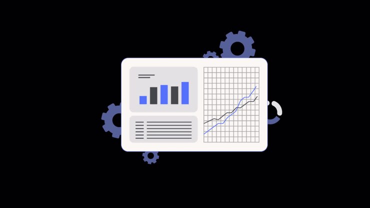 Animated Dashboard with Data Charts and Rotating Gears