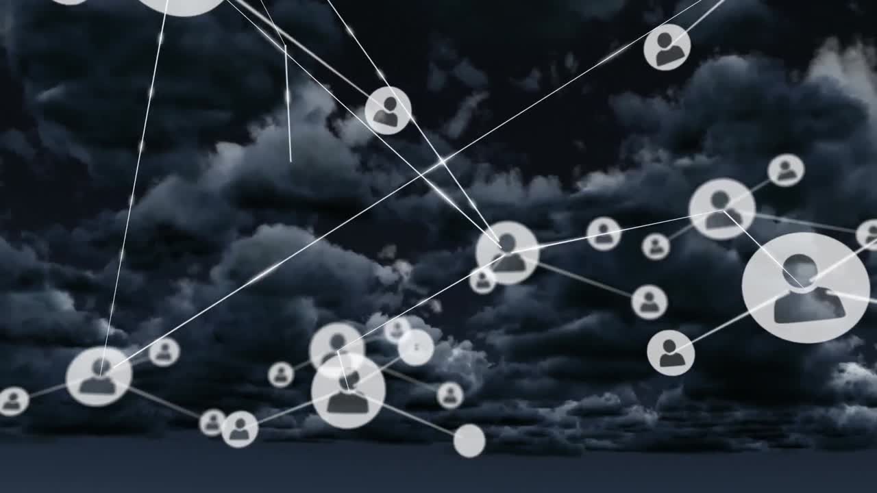 Animation of network of connections with people icons over sky with clouds