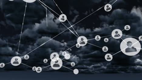 animation of network of connections with people icons over sky with clouds
