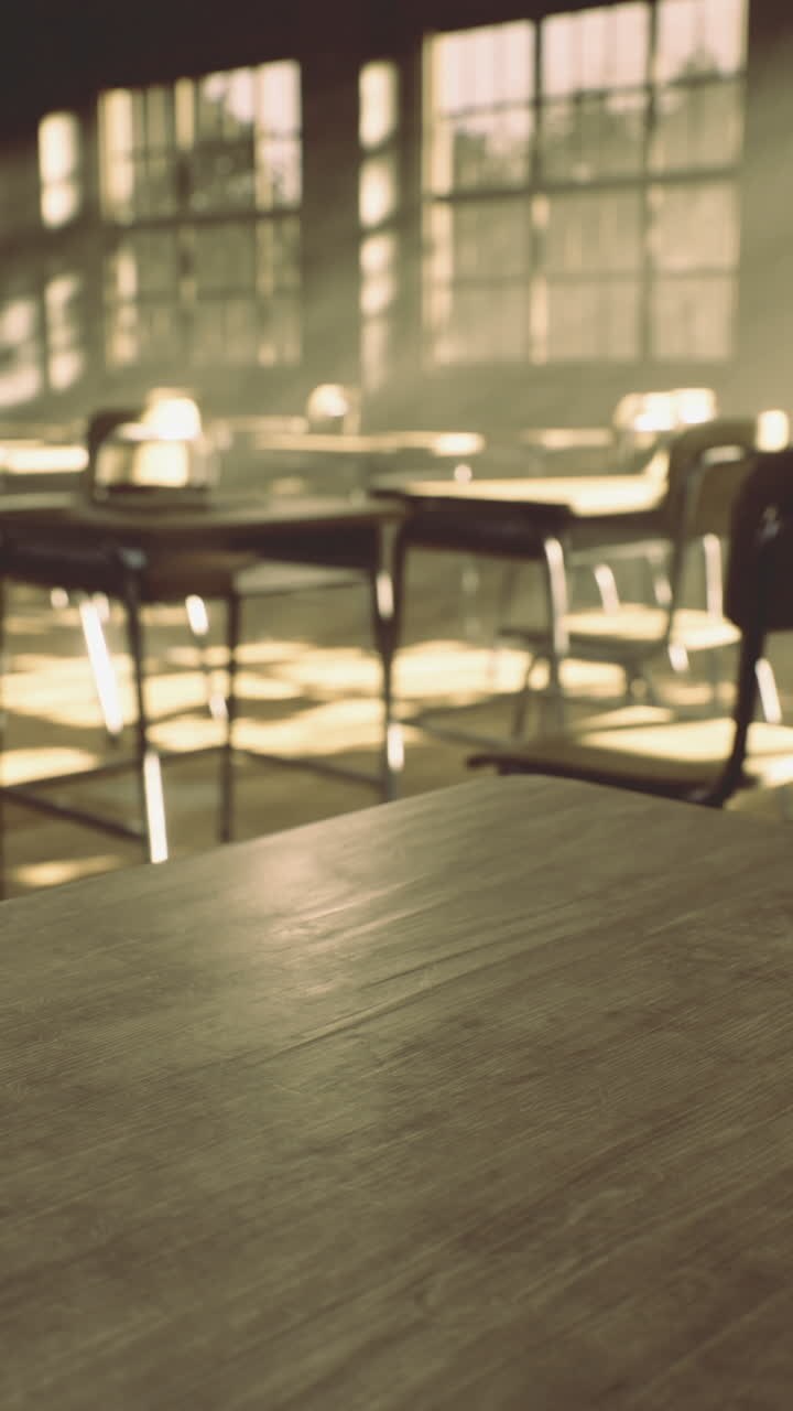 Sunlight streams through windows in a quiet classroom during the afternoon