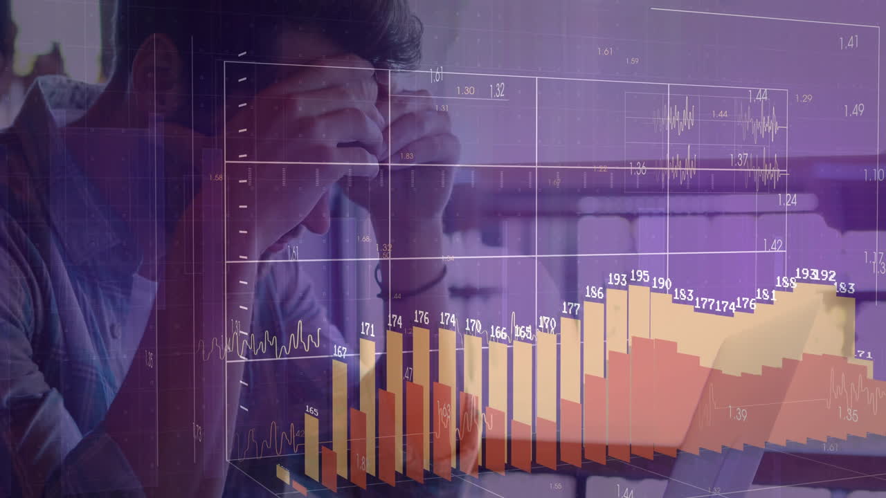 얼굴을 고 있는 백인 남성 위의 다이어그램으로 연결된 네트워크의 애니메이션