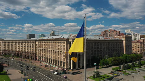 ukrainian cityscape with flag