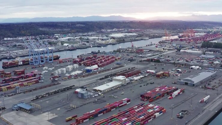 Panoramic View Of Port Of Tacoma At Sunset - aerial drone shot