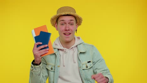 summer vacation, journey, traveler tourist teen student man celebrating, holding passport, tickets