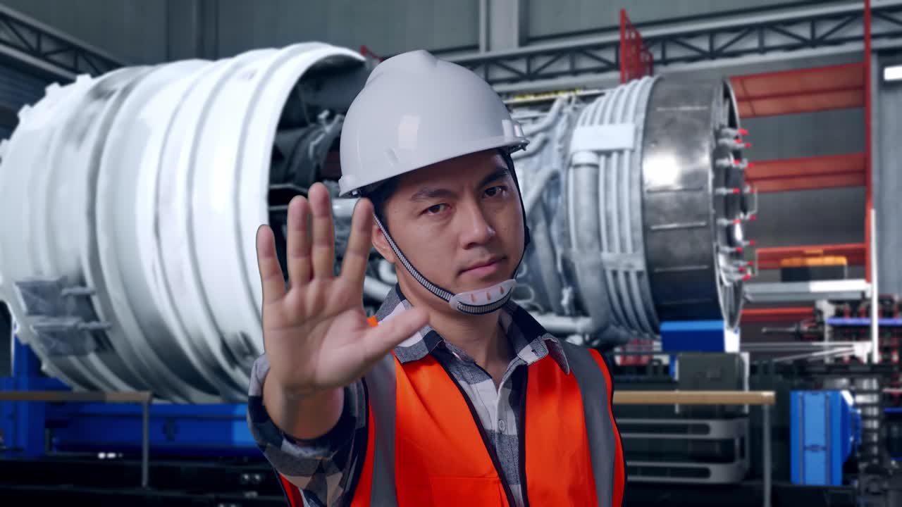 Close Up Of Asian Male Engineer With Safety Helmet Disapproving With No Hand Sign While Standing With Airplane Engine Maintenance Conducted, Analytics Checking the Turbine
