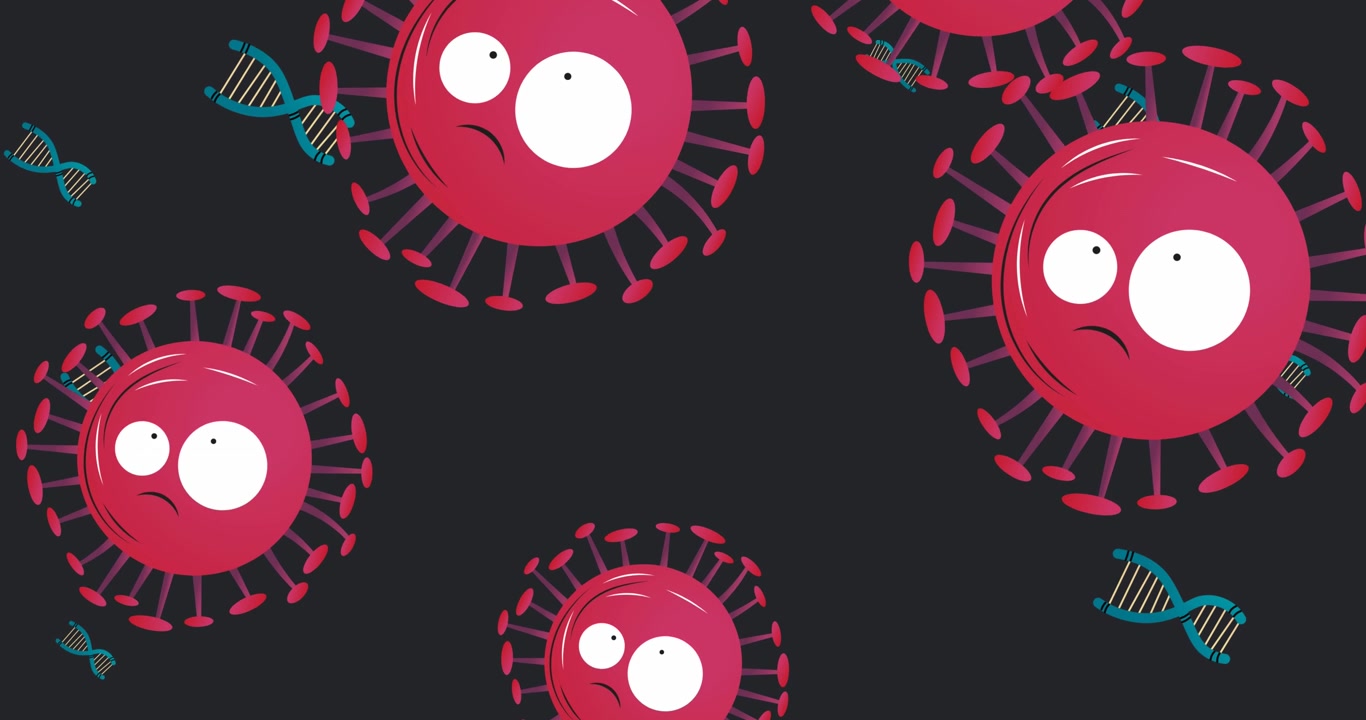 Animación de células cayendo y hebras de ADN sobre fondo negro.