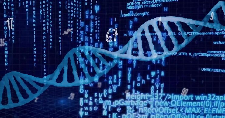 Appearing turquoise DNA helix driving code columns, rotating numeric labels and showing data matrix